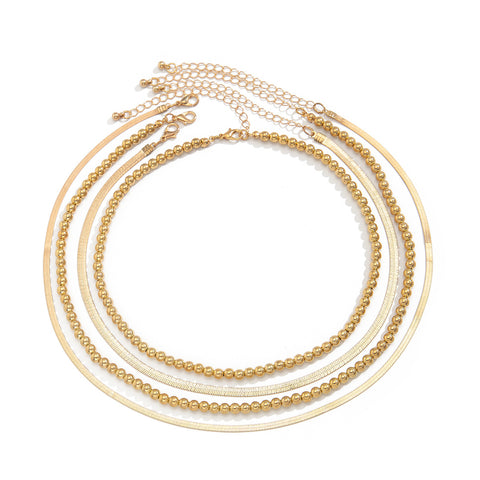 Hip hop style bead flat snake chain necklace set, geometric metal chain, collarbone chain