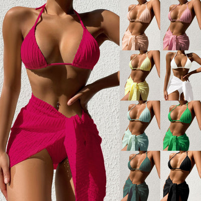 Swimsuit backless sexy solid color bikini mesh short skirt bikini three piece set