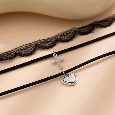 Cross lace necklace set with layered style, heart-shaped alloy collarbone chain for women