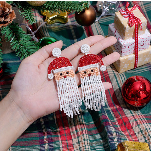 Christmas Day Earrings Earrings Handmade Beads Christmas Old Man Cartoon Character Tassel Rice Beads Earrings