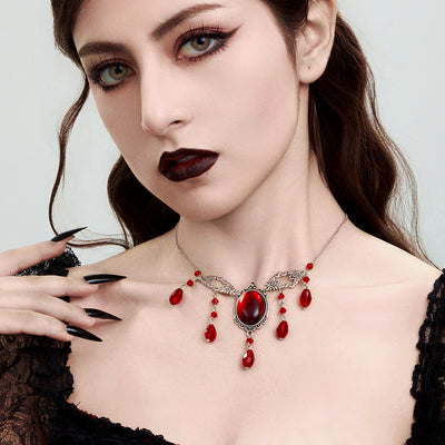 Fashionable tassel blood drop crystal necklace Halloween high-end alloy collarbone chain