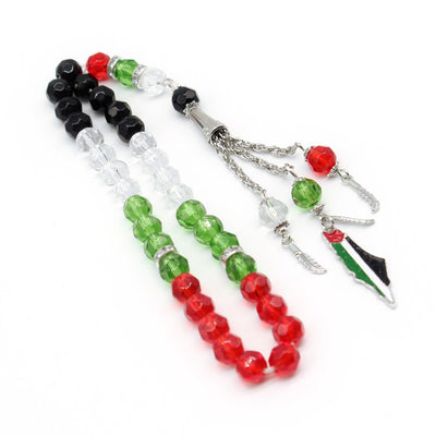 33 prayer beads in Palestinian flag colored crystal glass