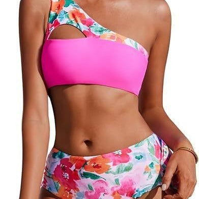 Split swimsuit bikini high waisted single shoulder double-sided plant printed swimsuit