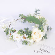 Simulated Rose Hairband Velvet Curled Edge Rose Green Leaf Flower Wreath Bridal Photo Flower Crown