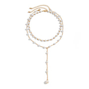 Fashionable pearl bead multi-layer collarbone chain French elegant tassel geometric necklac