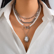 Ins metal circular pendant collarbone chain irregular bead pearl multi-layer necklace