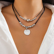 Retro leather wax thread round pendant collarbone chain simple metallic bead multi-layer necklace