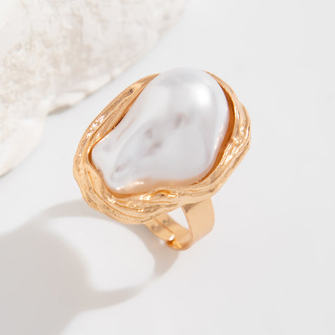 New Baroque inlaid irregular pearl rings, retro irregular alloy rings