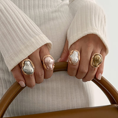 New Baroque inlaid irregular pearl rings, retro irregular alloy rings