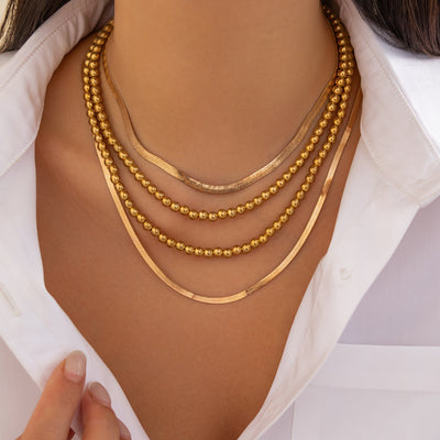 Hip hop style bead flat snake chain necklace set, geometric metal chain, collarbone chain