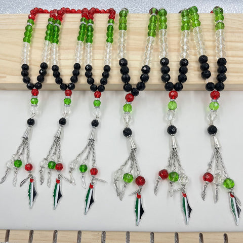 33 prayer beads in Palestinian flag colored crystal glass