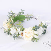 Simulated Rose Hairband Velvet Curled Edge Rose Green Leaf Flower Wreath Bridal Photo Flower Crown