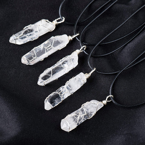 White crystal winding necklace, crystal raw stone, single crystal hexagonal pillar, winding pendant