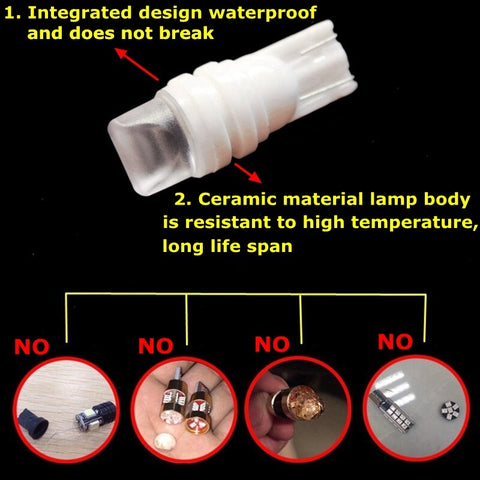 10Pcs T10 W5W Ceramic 3D LED Waterproof Wedge Licence Plate Lights WY5W Turn Side Lamp Car Reading Dome Light Auto Parking Bulb